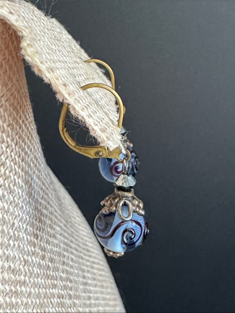 VTG Italian "Wedding Cake" Glass Dangle Earrings - Light Blue Swirl - Picture 2 of 4